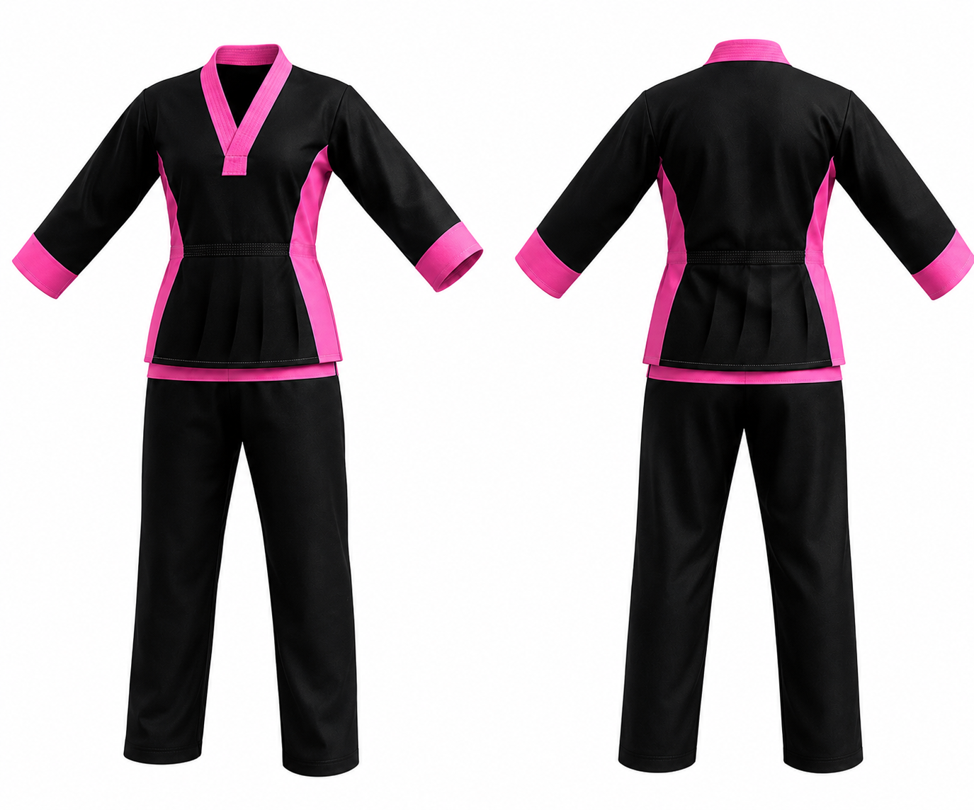 A black martial arts uniform set with bright pink trim, shown from both the front and back views. The set includes a long-sleeve V-neck top with a pleated waist and matching pants.