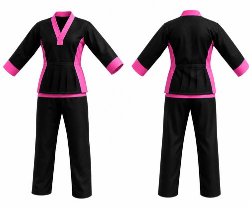 A black martial arts uniform set with bright pink trim, shown from both the front and back views. The set includes a long-sleeve V-neck top with a pleated waist and matching pants.